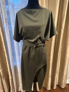 Fashion Nova Olive Green Midi Dress with Tie Waist